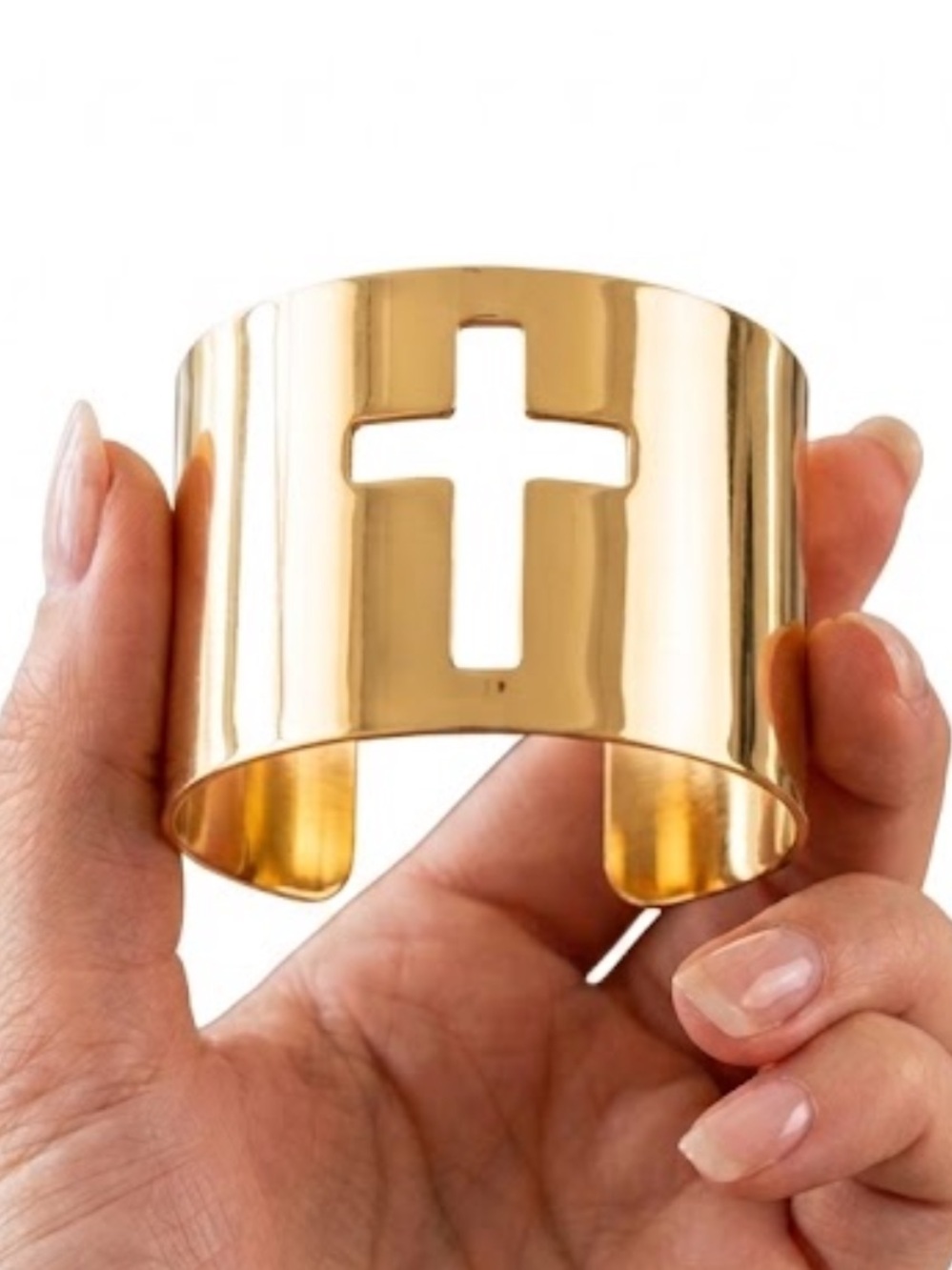 New Gold Cross Cuff Bracelet Religious Statement Wide Cutout Bangle - Picture 6 of 7